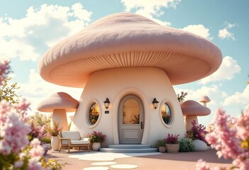 Whimsical, luxurious mushroom office building with soft, fur exterior, cozy impression, enhancing the magical, serene atmosphere.