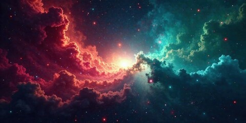 Fototapeta premium Celestial Cloudscape A Vivid Tapestry of Crimson and Teal Nebulae Illuminated by a Radiant Star