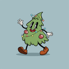 Christmas tree with lights and ornaments. Retro groovy Christmas character mascot, 70s 80s vibe. Vector illustration.