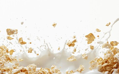 A splash of milk and cereal pieces floating in the air, with room for text at the top, on a clean white canvas