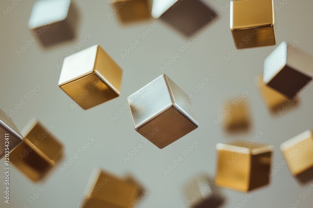 Poster floating metallic cubes create a mesmerizing dance in a minimalist space during daylight. generative
