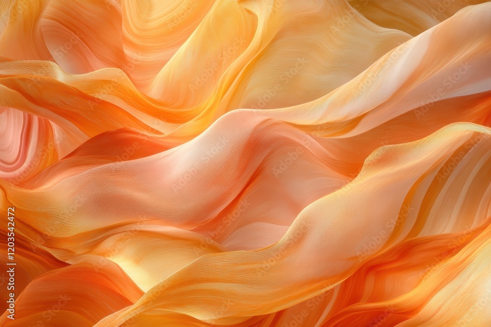 Poster flowing ribbons of warm orange hues merge seamlessly in a dance of light and texture within an abstr