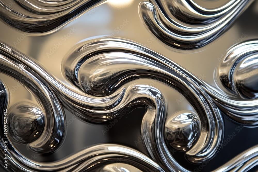 Poster fluid metal curves create an elegant dance of light and reflection in a modern artistic display. gen