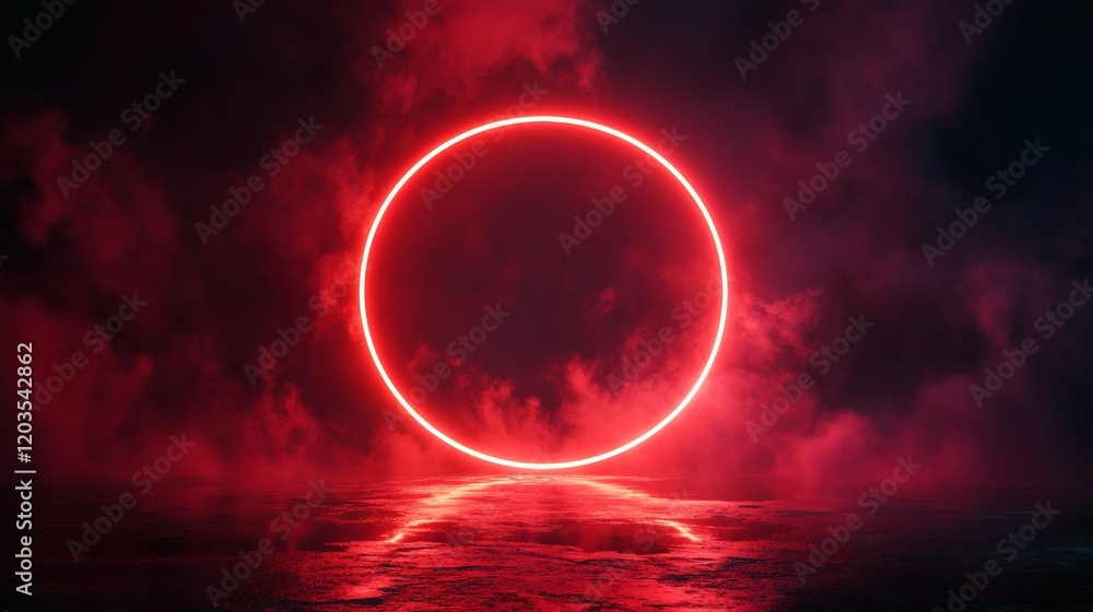 Poster glowing neon red circular light framed a dramatic laser glow and smoky ambiance creating a striking 