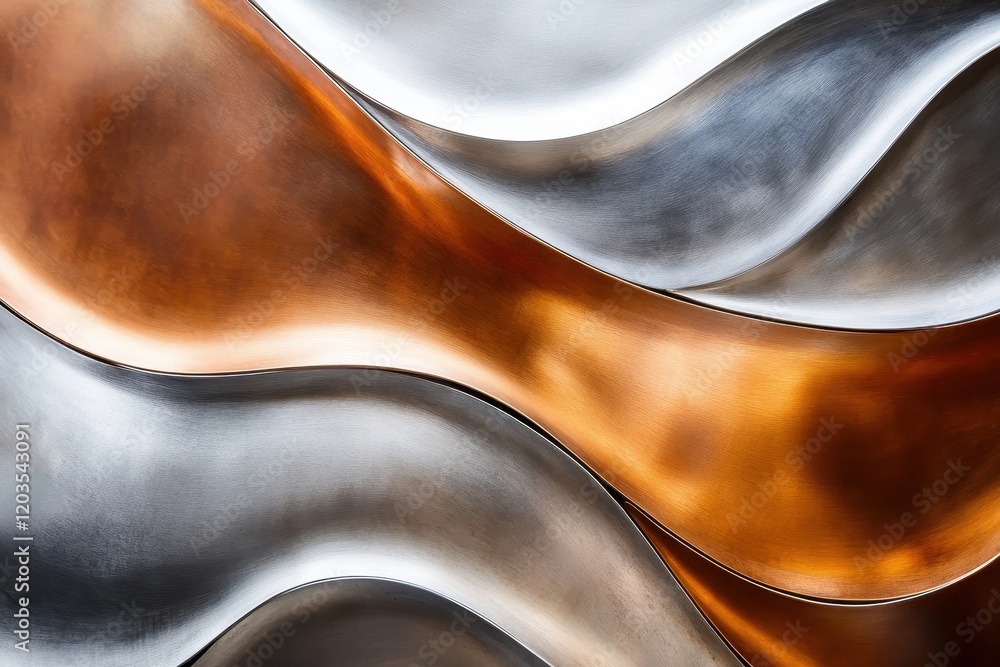 Poster flowing metallic waves create a mesmerizing interplay of light and color in an abstract composition.