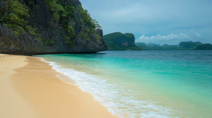 Obraz premium Sand Beach with Azure Ocean and Sunny Sky for Relaxing Tropical Vacation