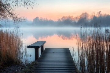 Fototapeta premium Wooden pier stretching into misty lake at dawn with colorful sky