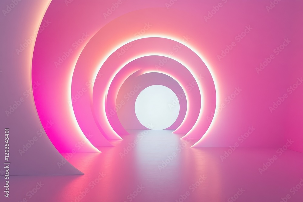 Poster soft pink curves invite exploration in a glowing tunnel of light and color. generative ai