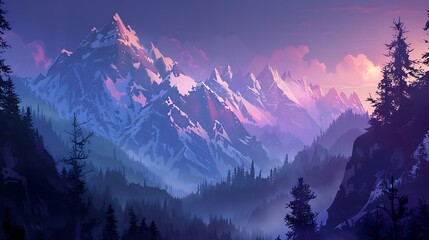 A breathtaking mountain range with snow-capped peaks, surrounded by a deep forest, lit by the soft glow of sunrise