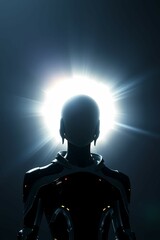  Silhouette of a futuristic figure illuminated by a radiant glow. 