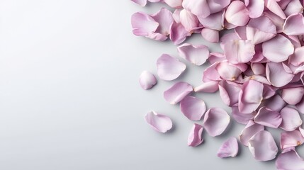 Fototapeta premium Softly scattered pale pink rose petals gently adorn a gray background creating a serene romantic ambiance. AI Generated