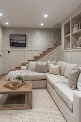 Cozy bright basement living space with open shelves and plush seating modern design indoor comfort contemporary style