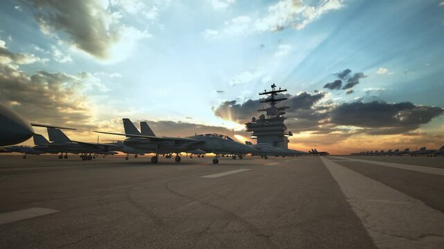 Navy Fighters Sit On The Flight Deck On An Aircraft Carrier, Sunset Time