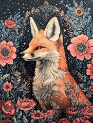 Fototapeta premium Mystical Fox Portrait with Floral Ornamentation against a Dark Textured Backdrop