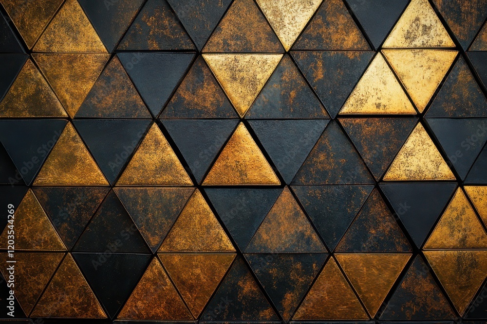 Poster geometric patterns of black and gold triangles create a striking visual texture that captivates the 