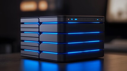 14. A server stack with blue LED lights and sleek design, showing a powerful and reliable hosting infrastructure