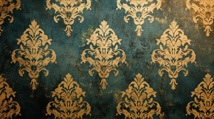 Classic vintage wallpaper featuring elegant damask patterns in gold and deep teal, with subtle aging effects and a luxurious feel