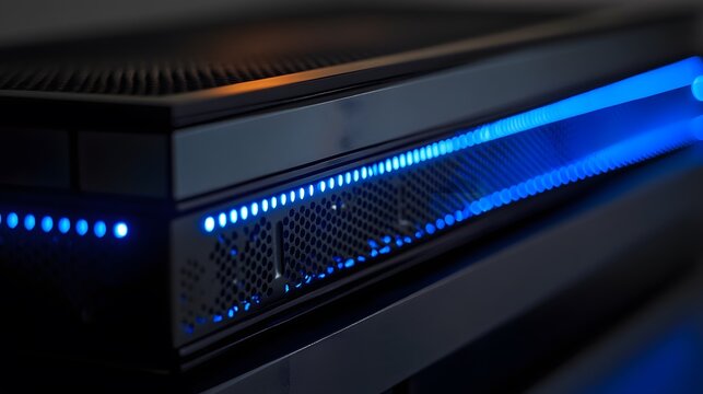 14. A server stack with blue LED lights and sleek design, showing a powerful and reliable hosting infrastructure