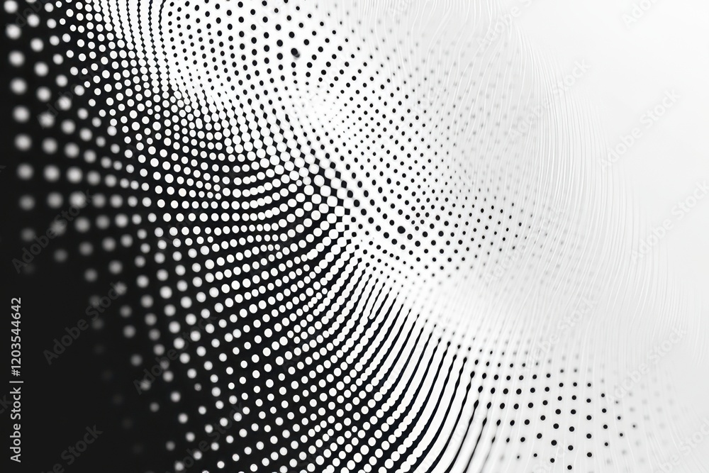 Poster Exploration of abstract patterns in black and white with dynamic dot arrangements creating visual rhythm and depth. Generative AI