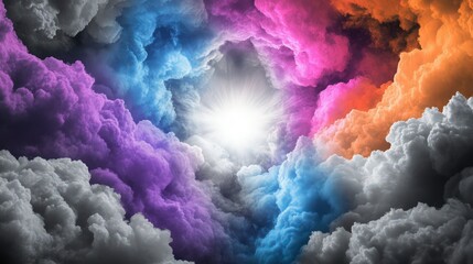 Fototapeta premium The vibrant multicolored smoke clouds swirl dramatically around a bright central light source, creating an abstract and energetic background visual.
