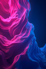 Shows a vibrant abstract backdrop with flowing neon waves of pink, purple, and blue, contrasted against a dark background. The swirling lines convey a feeling of motion and energy.