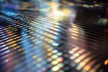 Obraz premium Vibrant reflections dance on a surface illuminated by colorful lights in a lively urban setting at dusk. Generative AI