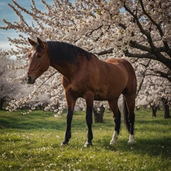 Obraz premium A horse standing under a blossoming cherry tree in springtime.