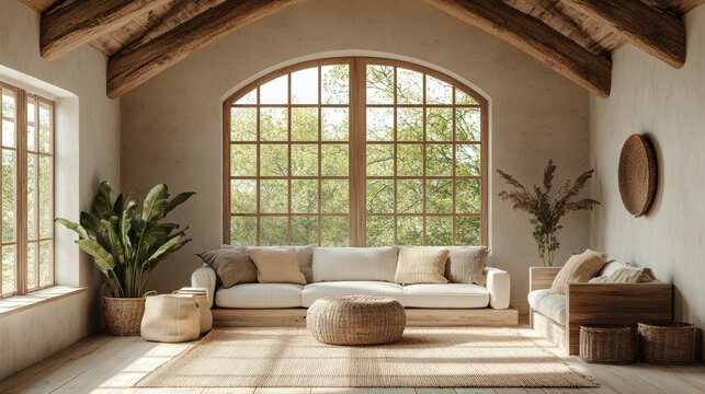 Bright and minimal attic living room with large windows natural light cozy modern style warm atmosphere tranquil environment