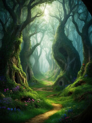 green forest in the fog