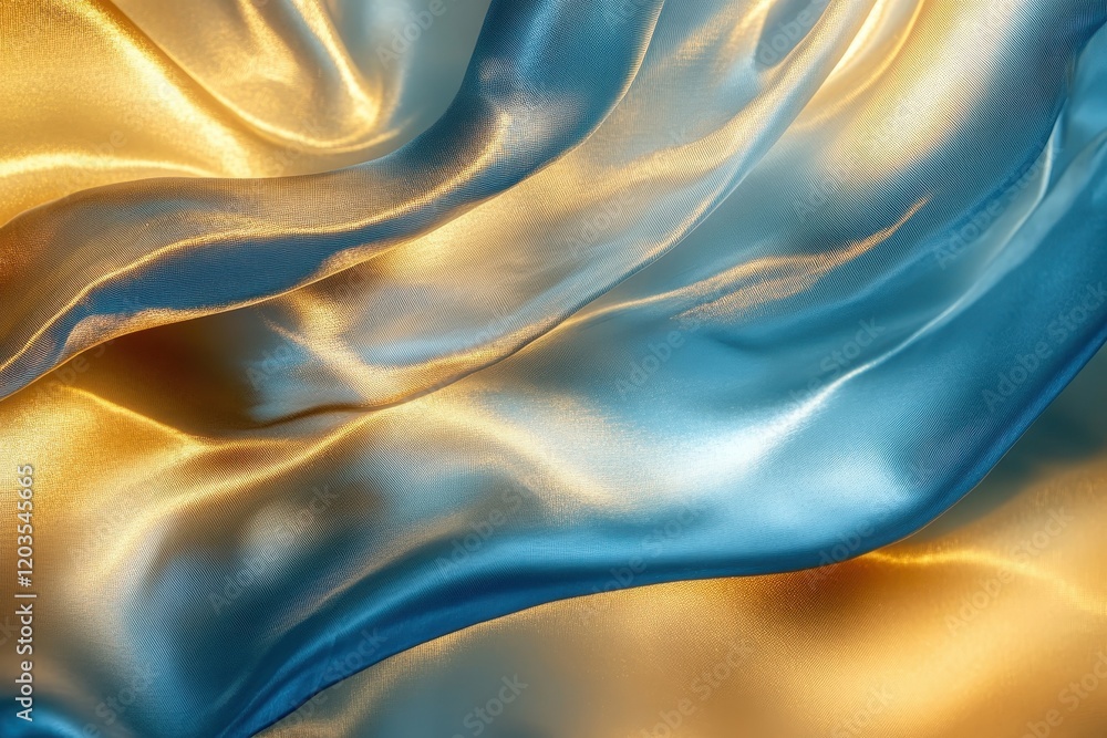 Poster rich blue and gold silk fabric flowing elegantly in soft light, creating a stunning visual texture a