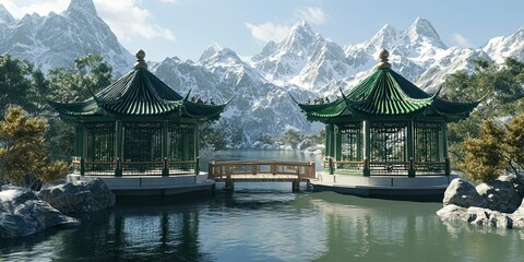Obraz premium Twin Green Pavilions Adorn Serene Mountain Lake