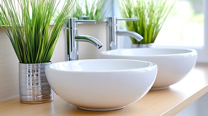 Fototapeta premium Modern Bathroom Sinks Chrome Faucets Green Plants