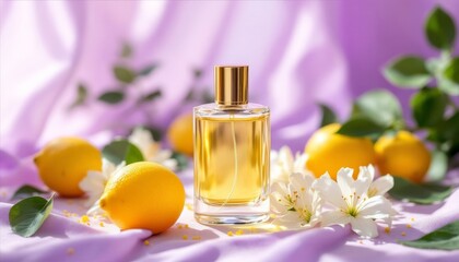 Golden Perfume Bottle With Lemons And Flowers