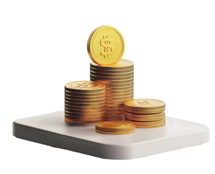 PNG Growth money step gold coin currency 3d finance business wealth investment cash profit isolated transparent background. Success financial bank economy illustration icon chart stack market concept.