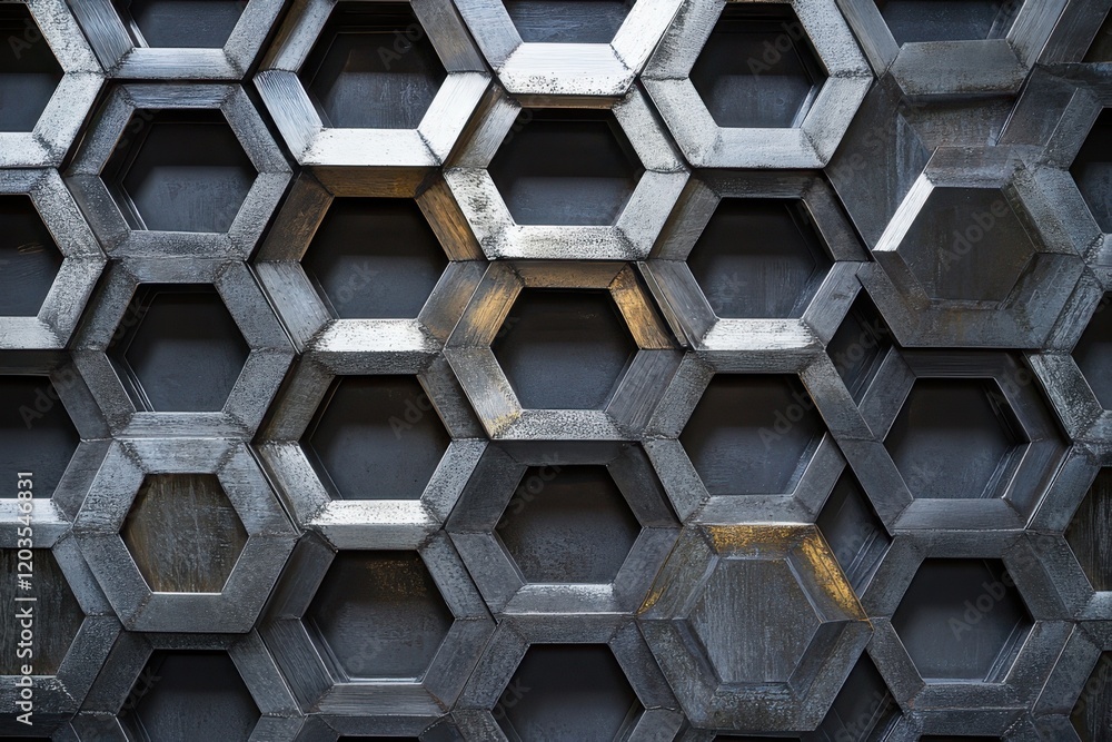 Poster intricate geometric design showcasing hexagonal patterns in dark metallic tones within an industrial