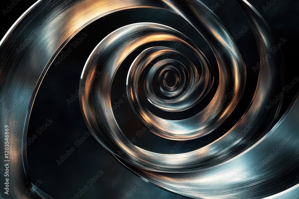 Poster swirling metallic spiral captivates with its striking design and mesmerizing depth in a dark setting
