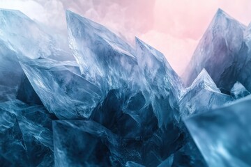 Stunning blue crystal formations glimmering under soft pink light in an enchanting frozen landscape. Generative AI