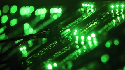 22. A server farm illuminated with green LED lights, conveying an efficient and fast hosting environment