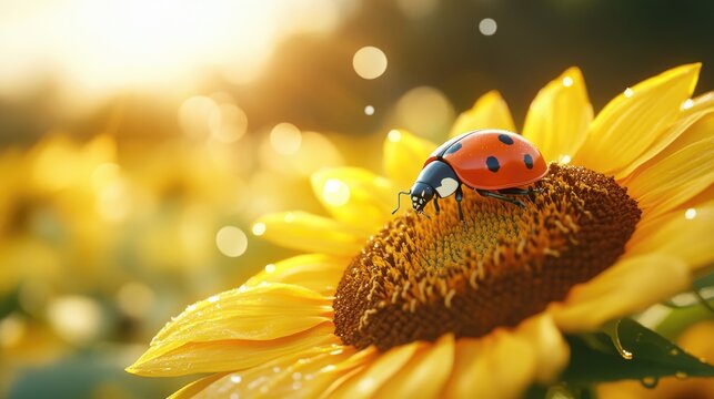 A bright ladybug makes its way across a sunflower petal. Warm sunlight, summer afternoon. - Powered by Adobe