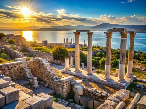 Ancient Ruins of Erythrai, Cesme, Izmir, Turkey: Sunlit Stone Walls & Aegean Sea View
