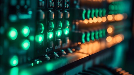 22. A server farm illuminated with green LED lights, conveying an efficient and fast hosting environment