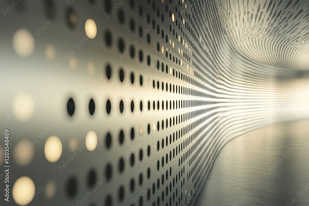 Poster elegant patterns of light and shadow dance along a modern perforated wall in a serene hallway during
