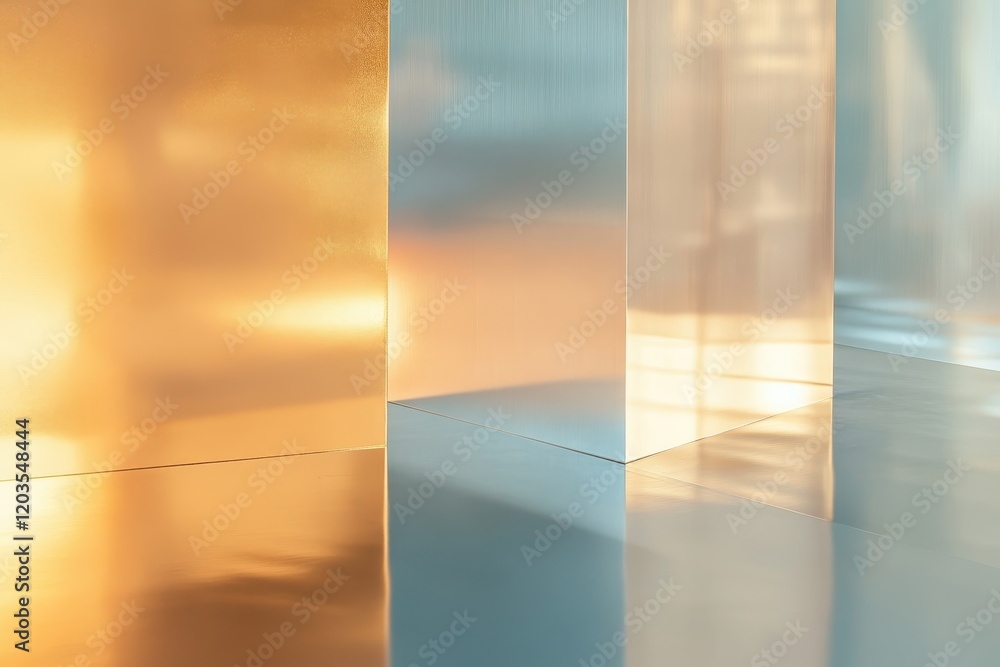 Poster Captivating interaction of light and color through translucent panels in a serene indoor setting during golden hour. Generative AI