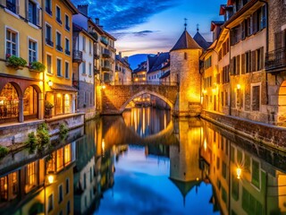Obraz premium Annecy Archway Night Photography: Illuminated Stone Bridge at Dusk