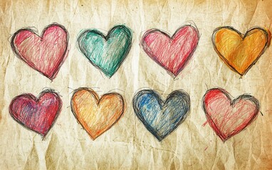 Fototapeta premium Hearts drawn in a sketch style on textured paper