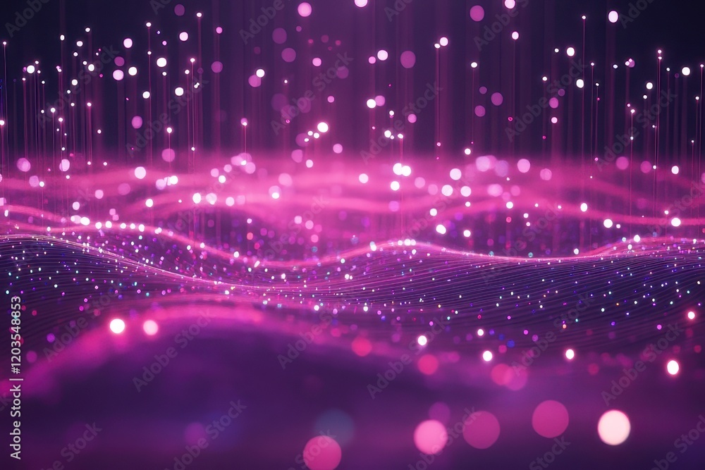 Poster vibrant particles dance through an ethereal landscape of shimmering colors and soft waves at twiligh
