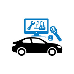 Car Diagnostics: Computerized car repair and maintenance.  A sleek black car silhouette is presented with a computer screen displaying diagnostic tools, symbolizing modern car repair and maintenance.