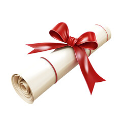 "Rolled Certificate Tied with Red Ribbon Isolated on White Background"

