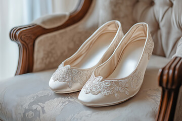 Elegant satin slippers with delicate embroidery resting on a vintage armchair.