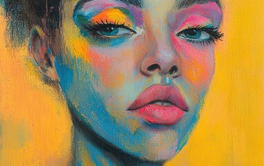 A striking portrait of a woman with colorful makeup, enhanced by a simple pastel matte texture.